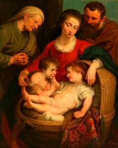 Circle of Peter Paul Rubens - The Holy Family with Saint Elizabeth and the Infant Saint John. Free illustration for personal and commercial use.