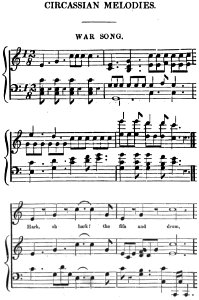 Cirrcassian Melodies. War Song. Edmund Spencer. Travels in Circassia, Krim-Tartary &c. 1838. P.335. Free illustration for personal and commercial use.