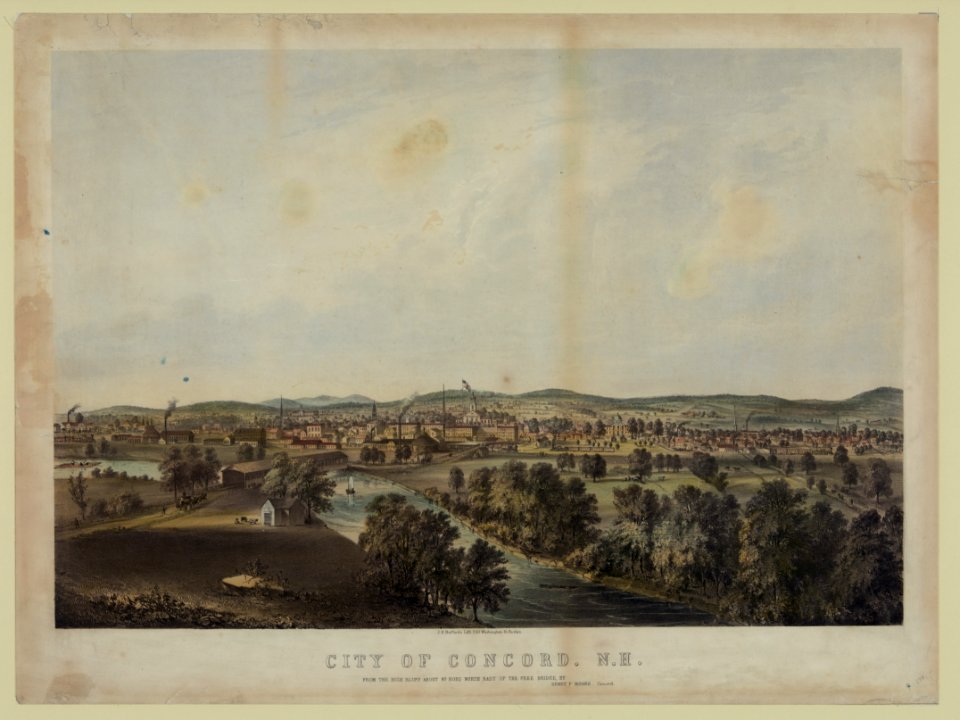 City of Concord, N.H. - From the high bluff about 80 rods north east of the Free Bridge - by Henry P. Moore, Concord ; J.H. Buffords Lith., Boston. LCCN98505249