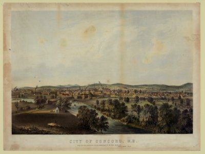 City of Concord, N.H. - From the high bluff about 80 rods north east of the Free Bridge - by Henry P. Moore, Concord ; J.H. Buffords Lith., Boston. LCCN98505249. Free illustration for personal and commercial use.