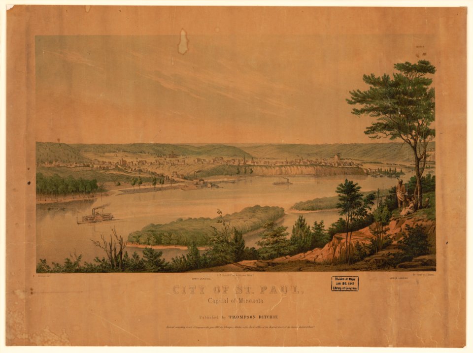 City of St. Paul, Capital of Minesota (i.e. Minnesota) - Strobel delt. ; on stone by J. Queen ; P.S. Duval & Co. steam lith press, Philada. LCCN2009630966
