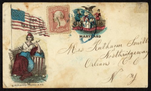 Civil War envelope showing Columbia with American flag bearing message For the Union and state seal of Maryland LCCN2010648442