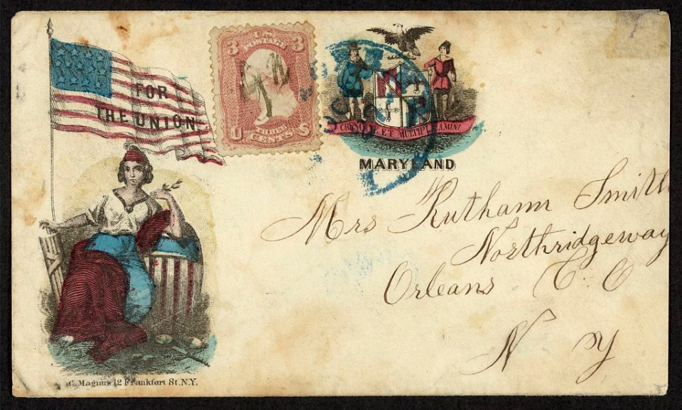 Civil War envelope showing Columbia with American flag bearing message For the Union and state seal of Maryland LCCN2010648442