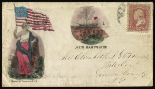 Civil War envelope showing woman holding flag with message For the Union and USS New Hampshire LCCN2013645808