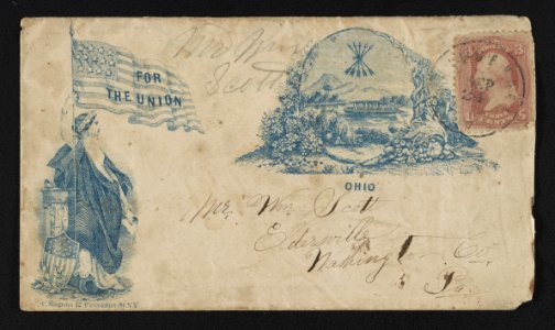 Civil War envelope showing Columbia with American flag bearing message For the Union and state seal of Ohio LCCN2011648572