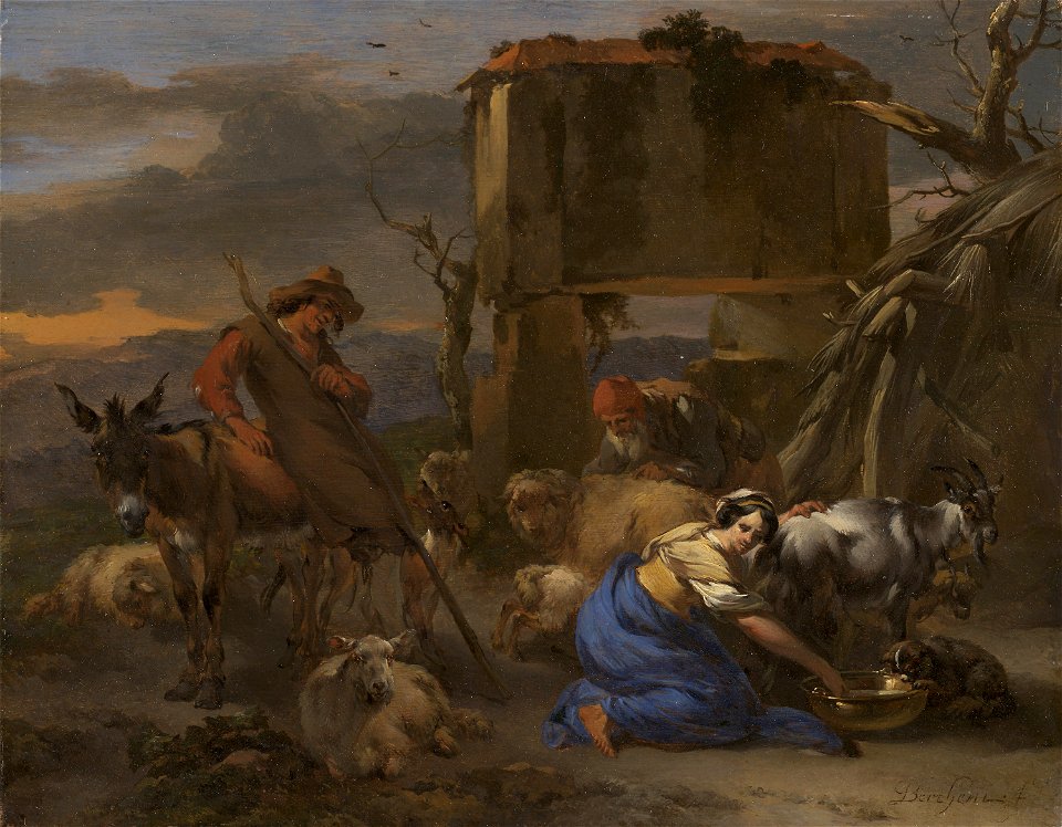 Claes Pietersz. Bercham - Pastoral Scene with a Shepherdess Milking a Goat - 2012.113 - Art Institute of Chicago