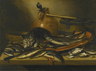 'A Still Life of Fresh-Water Fish, with a cat' by Pieter Claesz., 1656. Free illustration for personal and commercial use.
