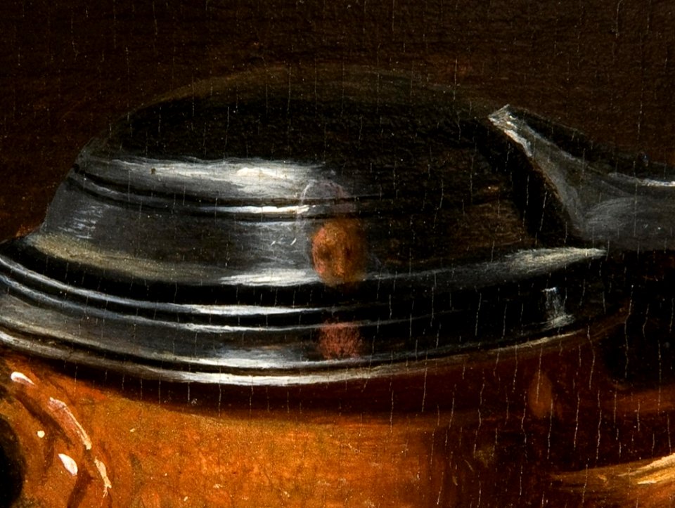Clara Peeters - Still Life with Cheeses, Almonds and Pretzels - detail with portrait of the painter