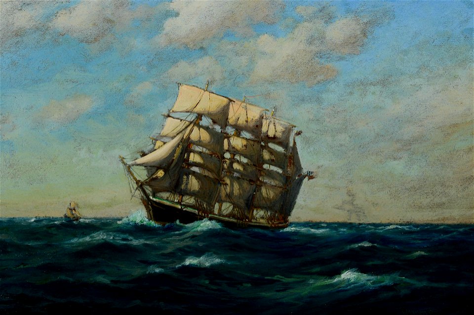 Untitled oil on canvas painting of American sailing ship by C. Myron Clark