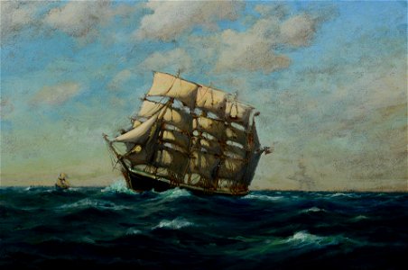 Untitled oil on canvas painting of American sailing ship by C. Myron Clark