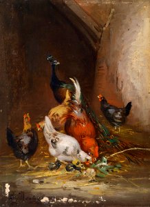 Claude Guilleminet Hühner und ein Pfau