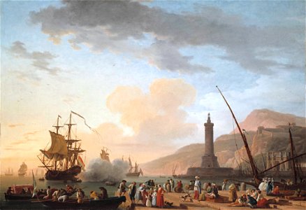 Claude Joseph Vernet - Porto ao pôr-do-sol. Free illustration for personal and commercial use.