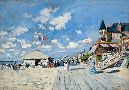 Claude Monet - Sur les planches de Trouville, hôtel des Roches Noires. Free illustration for personal and commercial use.