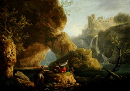 Claude-Joseph Vernet (1714-1789) (style of) - A Rocky Landscape with Fishermen Mending Nets by the Falls at Tivoli - 959415 - National Trust