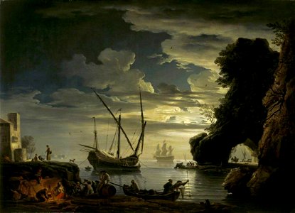 Claude-Joseph Vernet (1714-1789) - Night, Rocky Inlet with Fisherfolk Setting Their Nets, Cooking and Drinking by Moonlight - 138286.1 - National Trust