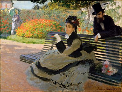 Claude Monet, 1873, Camille Monet on a Bench, oil on canvas, 60.6 x 80.3 cm, The Metropolitan Museum of Art, New York. Free illustration for personal and commercial use.