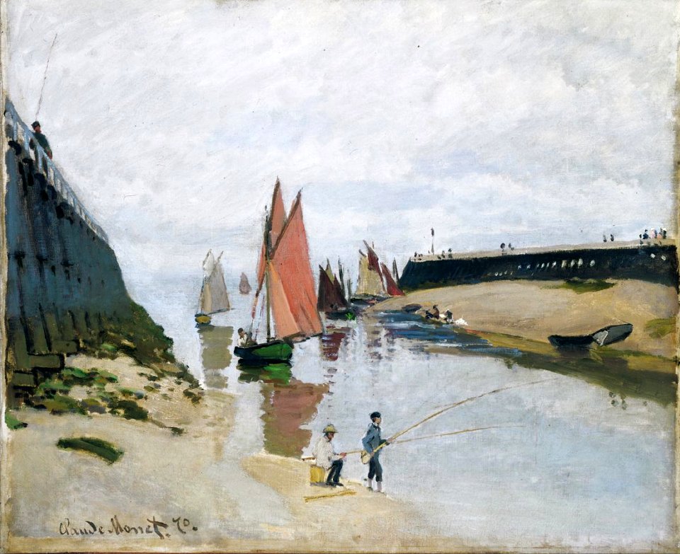 Claude Monet, 1870, Le port de Trouville (Breakwater at Trouville, Low Tide), oil on canvas, 54 x 65.7 cm, Museum of Fine Arts, Budapest. Free illustration for personal and commercial use.