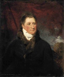 Constable - Portrait of Henry Greswold Lewis (1754-1829), half-length, in a brown fur-lined coat, a draped red curtain and landscape beyond, 5460776