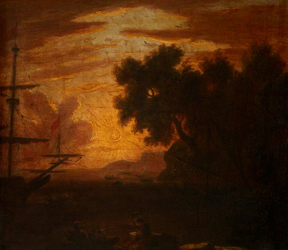 Claude-Joseph Vernet (1714-1789) (style of) - A Sunset Coastal Scene with an Anchored Frigate and Figures in a Longboat - 631065 - National Trust