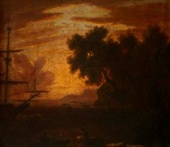 Claude-Joseph Vernet (1714-1789) (style of) - A Sunset Coastal Scene with an Anchored Frigate and Figures in a Longboat - 631065 - National Trust