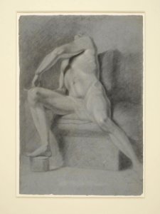 Constable - Study of a male nude figure, seated, with his right foot on a round block and his head thrown back, 45-1873