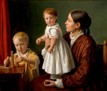 Constantin Hansen, Interiør med Georgia Skovgaard og sønnerne. Joakim med byggeklodser og Niels stående på moderens skød, ca 1860, 14.728, Skovgaard Museet 14728