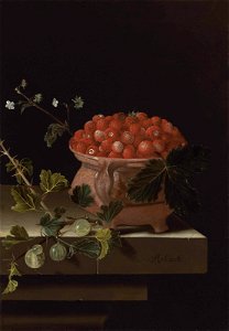 Adriaen Coorte - Een kom aardbeien met kruisbessen op een stenen richel. Free illustration for personal and commercial use.
