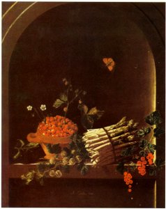 Adriaen Coorte - Still life with asparagus, a spray of gooseberries, a bowl of strawberries and other fruit in a niche. Free illustration for personal and commercial use.