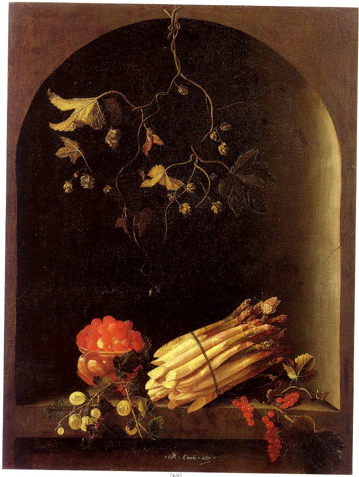 Adriaen Coorte - Strawberries, Asparagus, and Gooseberries in a Niche