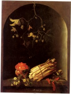 Adriaen Coorte - Strawberries, Asparagus, and Gooseberries in a Niche. Free illustration for personal and commercial use.