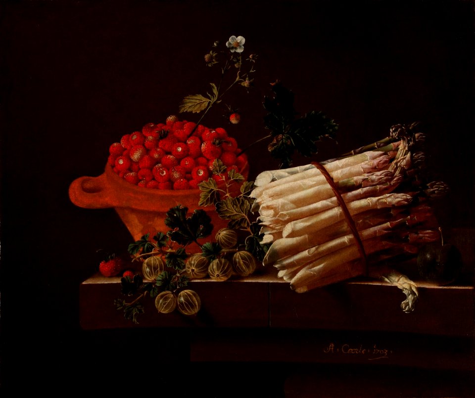 Adriaen Coorte - Stilleven met een kom aardbeien, kruisbessen en een bundel asperges op een tafel