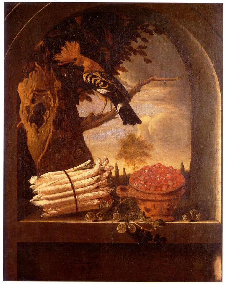 Adriaen Coorte - Asparagus, Gooseberries and Strawberries in a Window, with a View of a Bird in a Tree