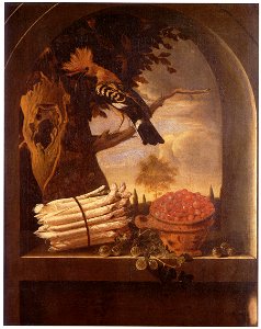 Adriaen Coorte - Asparagus, Gooseberries and Strawberries in a Window, with a View of a Bird in a Tree. Free illustration for personal and commercial use.