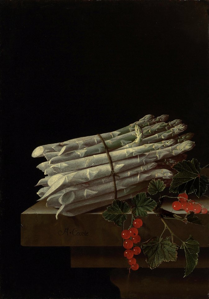 Adriaen Coorte - Asperges en rode aalbessen op een sokkel