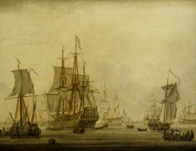 Cornelis Bouwmeester (c.1652-1733) - Calm, Dutch Ships at Anchor in a Crowded Harbour - BHC0988 - Royal Museums Greenwich