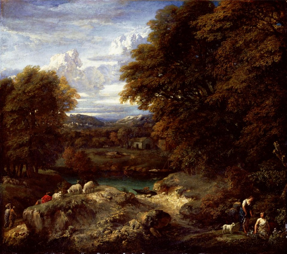 Cornelis Huysmans - Wooded river landscape with a shepherd resting near his flock