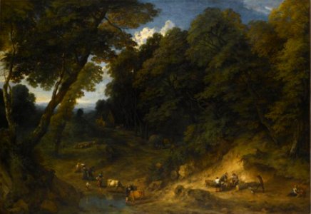 Cornelis Huysmans - Forest edge with loggers. Free illustration for personal and commercial use.