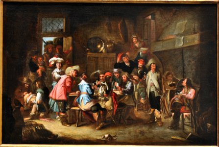 Cornelis de Wael - A tavern scene with soldiers playing cards. Free illustration for personal and commercial use.