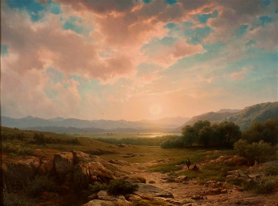 Cornelis Lieste - Landschap met eenzaam koppel bij zonsondergang