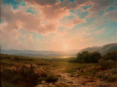 Cornelis Lieste - Landschap met eenzaam koppel bij zonsondergang