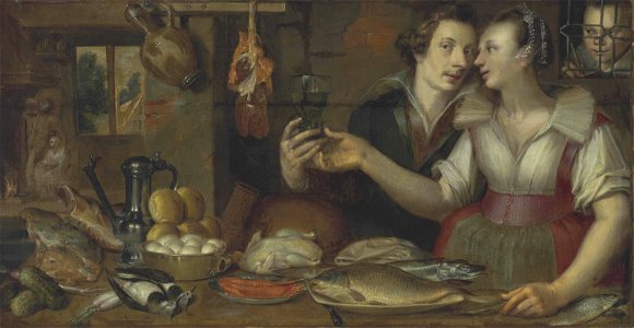 Cornelis Engelsz follower - A kitchen interior with a maid and a young man 2015 NYR 03747 0051