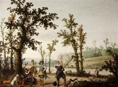 Cornelis Hendricksz. Vroom - Landscape with Hunters - MNK XII-A-573 - National Museum Kraków. Free illustration for personal and commercial use.