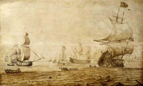 Cornelis Pieterse Mooij (c.1635-1645-1693) - An English Ship with the Union Flag at the Main - BHC0949 - Royal Museums Greenwich