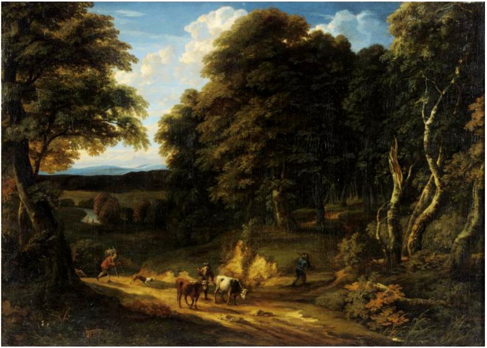 Cornelis Huysmans - A wooded landscape with a drover and two heifers on a road, two anglers on the bank of a river beyond
