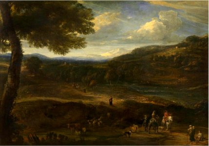 Cornelis Huysmans - Landscape with horse riders and herds. Free illustration for personal and commercial use.