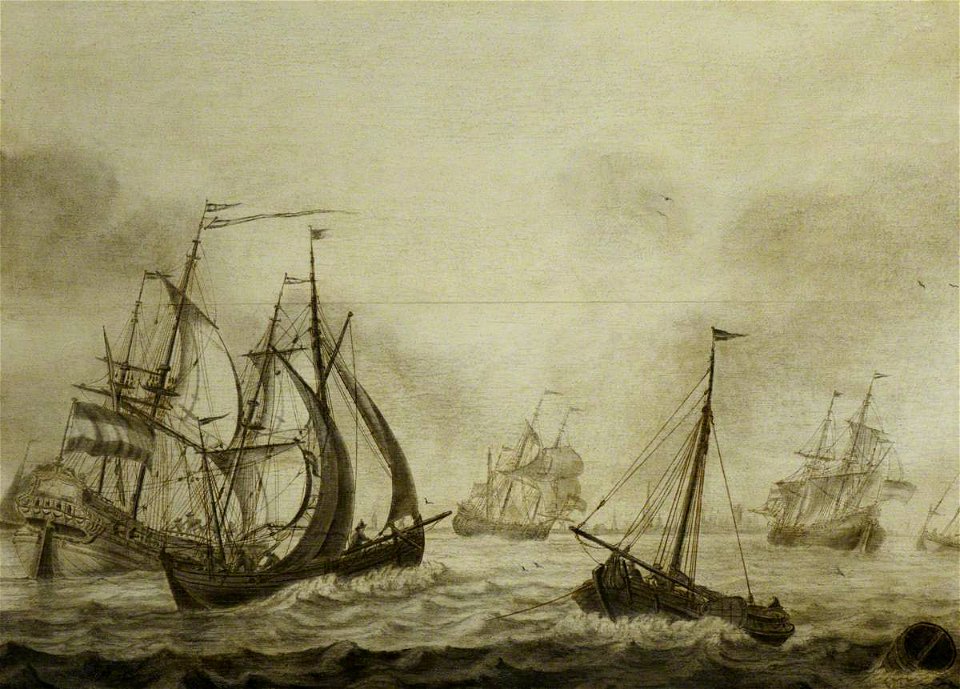 Cornelis Pieterse Mooij (c.1635-1645-1693) - A Dutch Dogger with a Whaler and Other Vessels off a Dutch Port - BHC0969 - Royal Museums Greenwich
