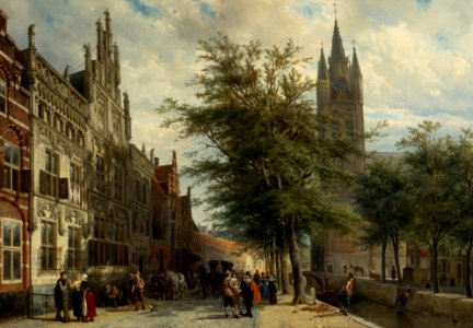 Cornelis Springer, The Gemeenlandshuis and the Old Church, Delft, Summer (1877). Free illustration for personal and commercial use.