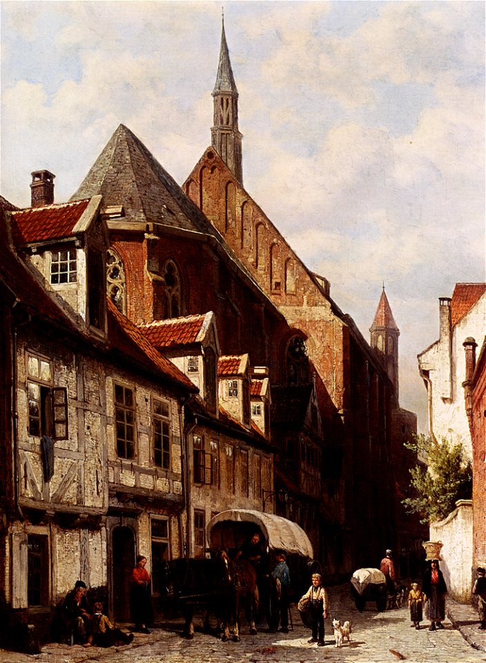 Cornelis Springer - A Busy Street In Bremen - ca 1864