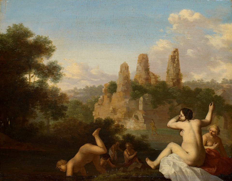 Cornelis van Poelenburgh - Landschaft bei Albano mit badenden Mädchen (Im Hintergrund das Grabmal der Horatier und Curatier) - GG 657 - Kunsthistorisches Museum