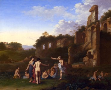 Cornelis van Poelenburch - Women bathing in a Landscape. Free illustration for personal and commercial use.